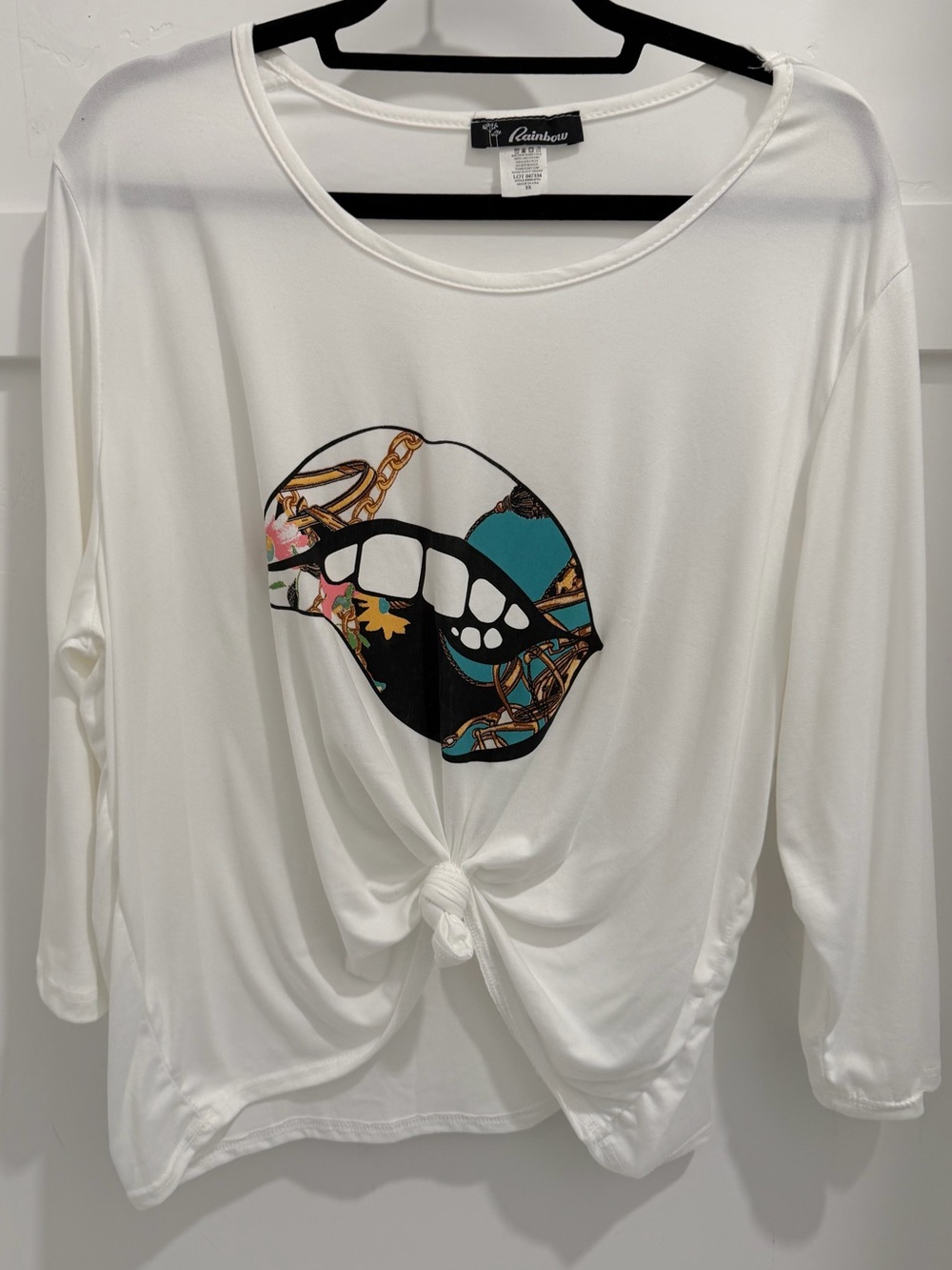 Rainbow White Long-Sleeve Knot Front Lip Graphic Tee